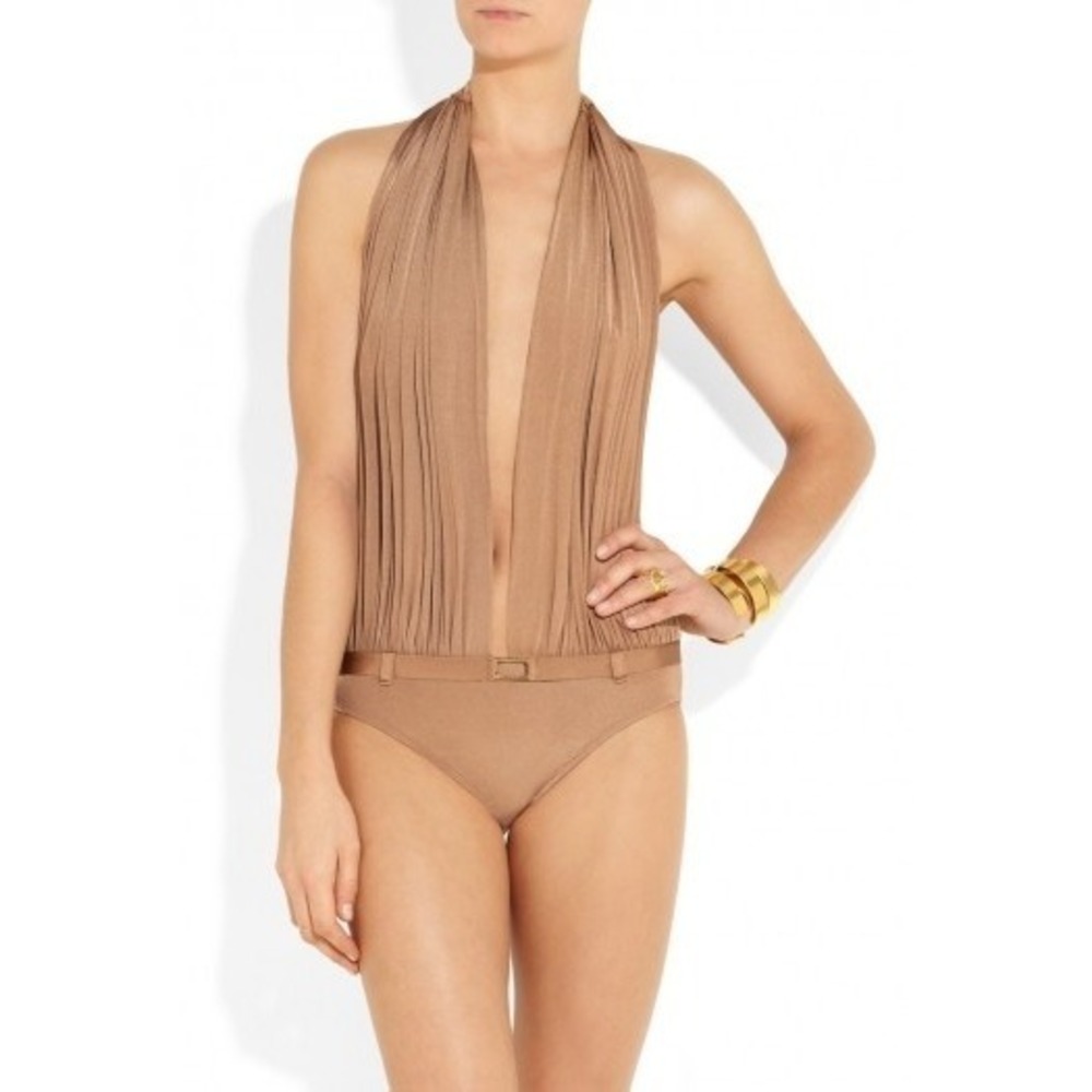 Melissa Odabash Bronze Plunge Halter One Piece Swimsuit Sz 8 Italy Statement Lux